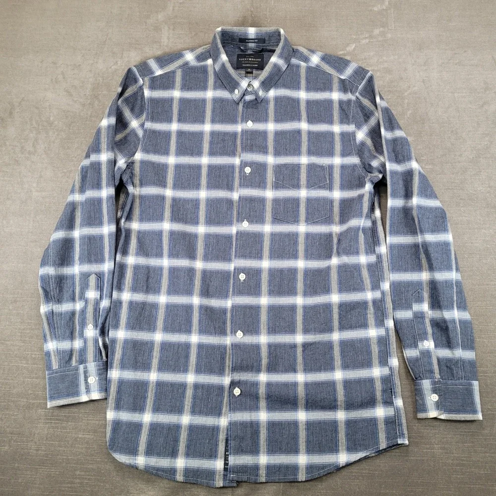 Lucky Brand Mens Medium Blue White Plaid Classic Fit Button Up Shirt Washed Worn